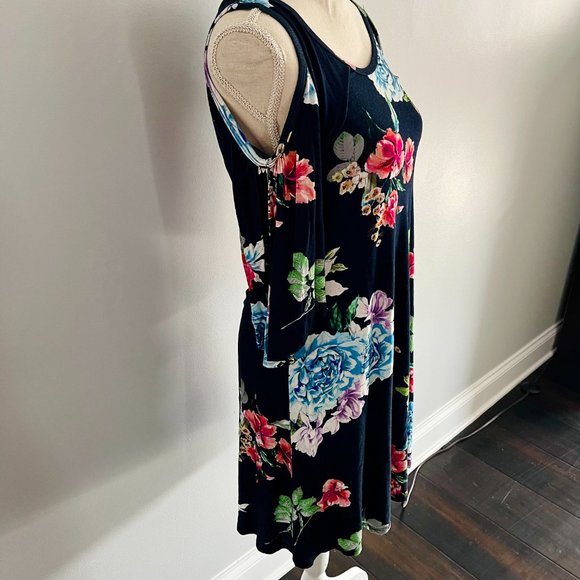Karen Kane Dress Small Navy Blue Floral Cut Out Shoulders Bell Sleeves Midi Dres - Picture 2 of 6